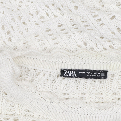 Zara Women White Open Knit Cotton Bell Sleeve Jumper M