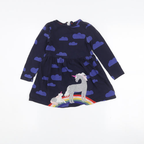 Mini Boden Girls Blue Unicorn Embroidered A-Line Dress 2-3 Years Cotton Blend