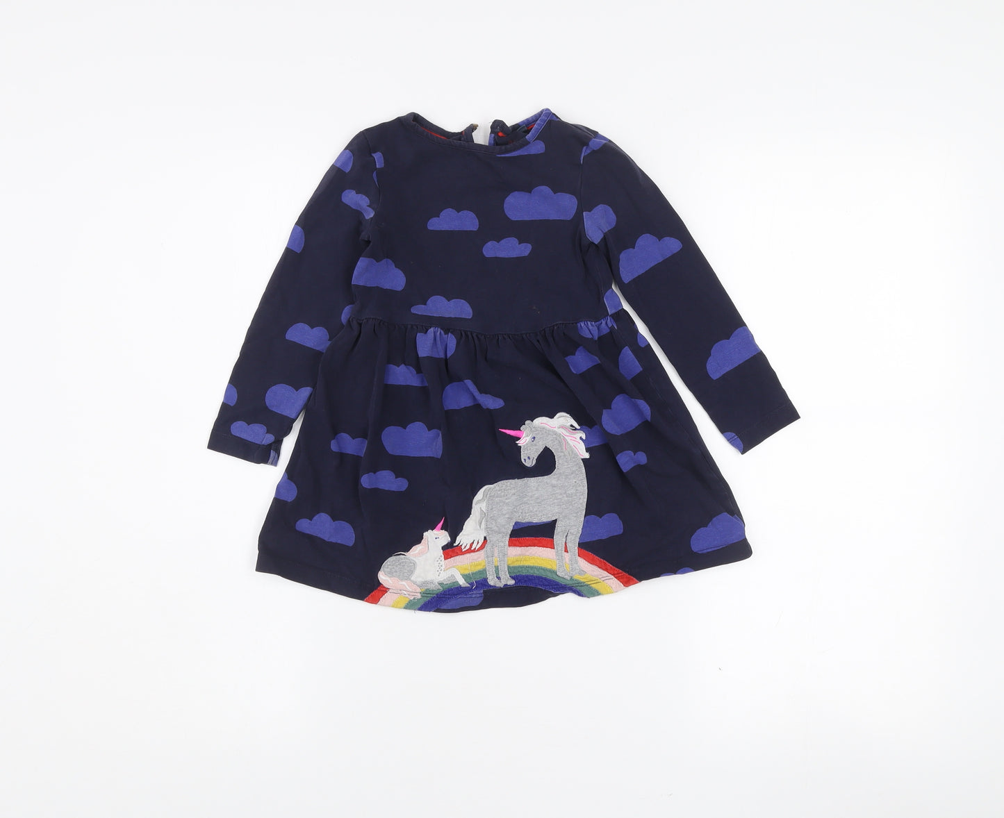 Mini Boden Girls Blue Unicorn Embroidered A-Line Dress 2-3 Years Cotton Blend