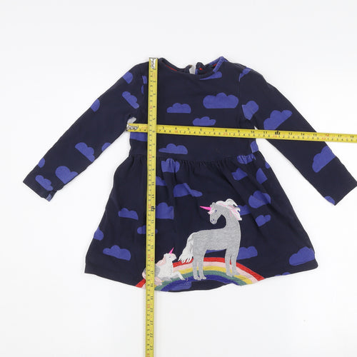 Mini Boden Girls Blue Unicorn Embroidered A-Line Dress 2-3 Years Cotton Blend