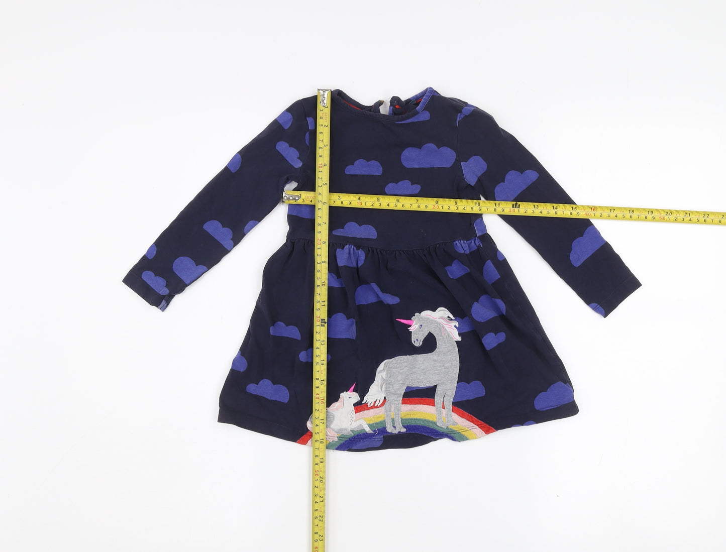 Mini Boden Girls Blue Unicorn Embroidered A-Line Dress 2-3 Years Cotton Blend