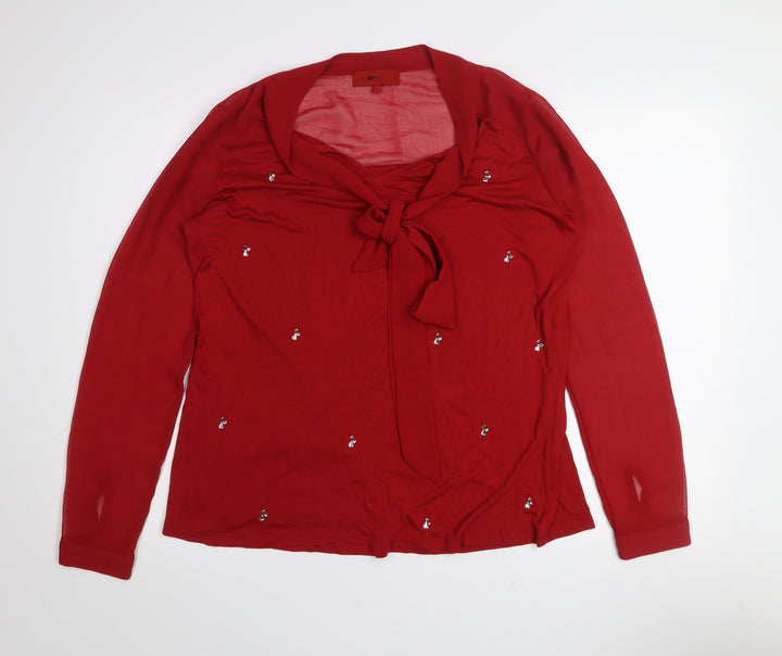 Next Womens Red Beaded Tie Neck Long Sleeve Blouse Size 14