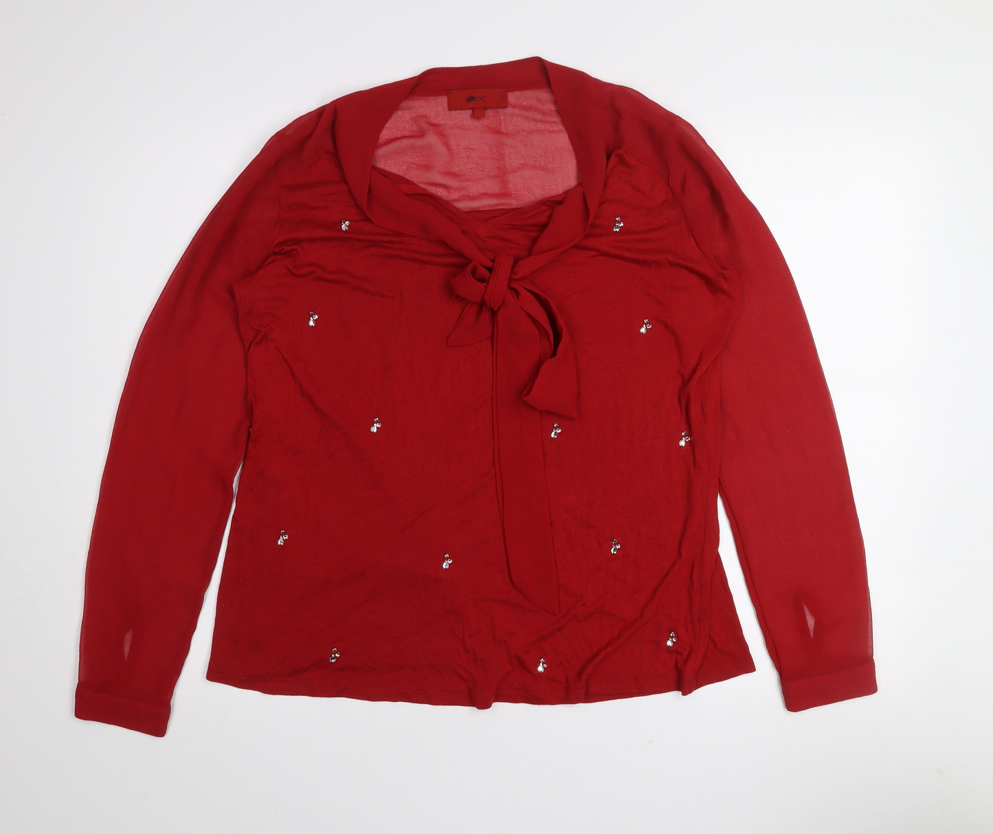 Next Womens Red Beaded Tie Neck Long Sleeve Blouse Size 14