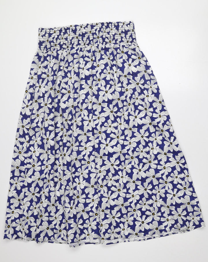 Monoprix Women Blue Floral Cotton A-Line Knee Length Skirt L