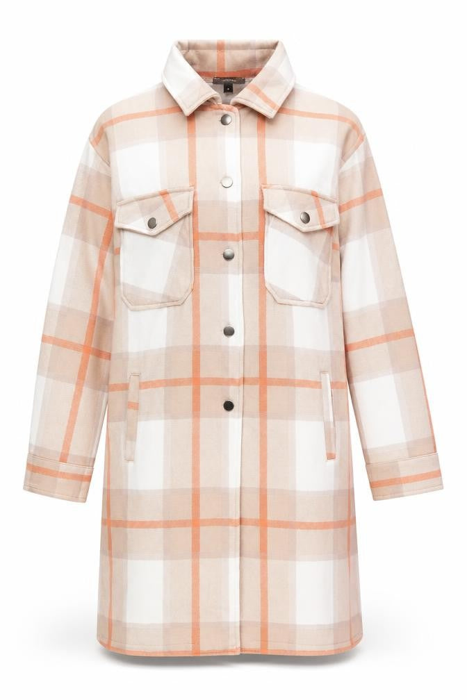 Front view of Rising women’s beige checked mid-length coatigan, size M