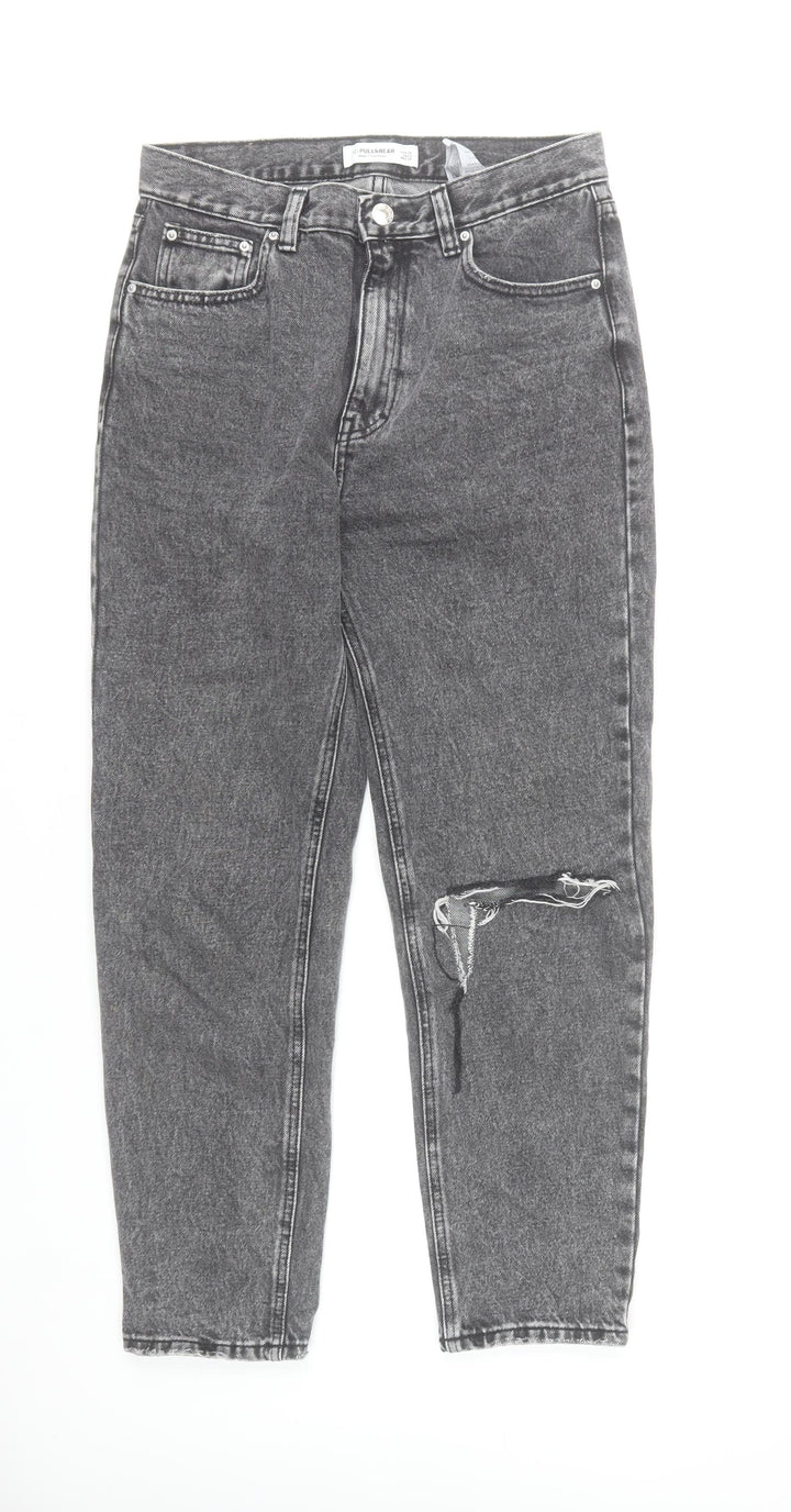 Pull & Bear Womens Grey High Rise Mom Jeans Size 10 Distressed Denim
