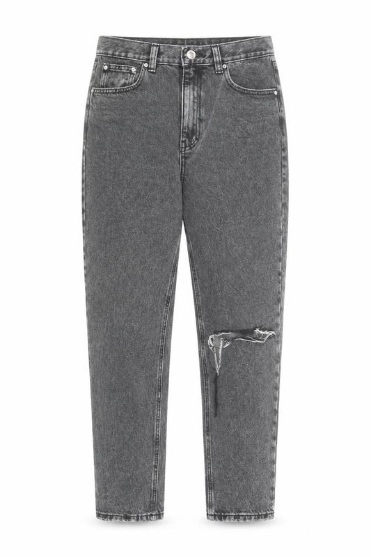 Front view of Pull&Bear women’s grey high rise mom jeans, size UK 10, distressed denim