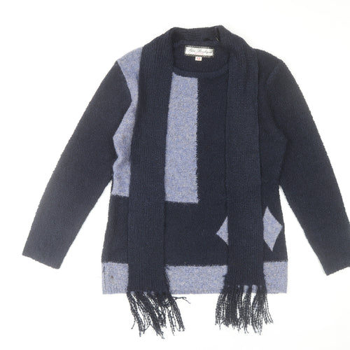 Paco Boutique Women Navy Blue Geometric Knit Jumper Size 12 Acrylic Blend