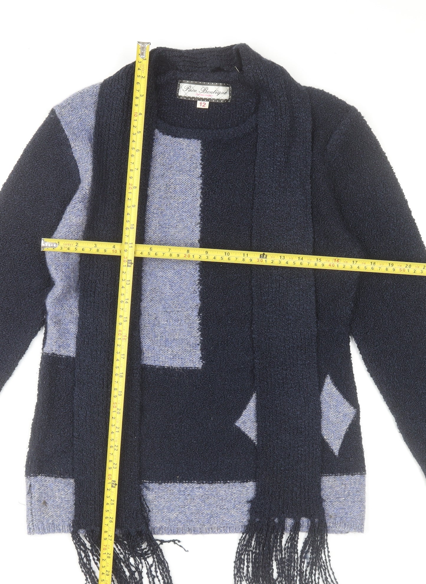 Paco Boutique Women Navy Blue Geometric Knit Jumper Size 12 Acrylic Blend