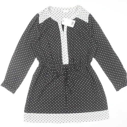 DR2 Women's Black Polka Dot Shift Dress Size L Long Sleeve