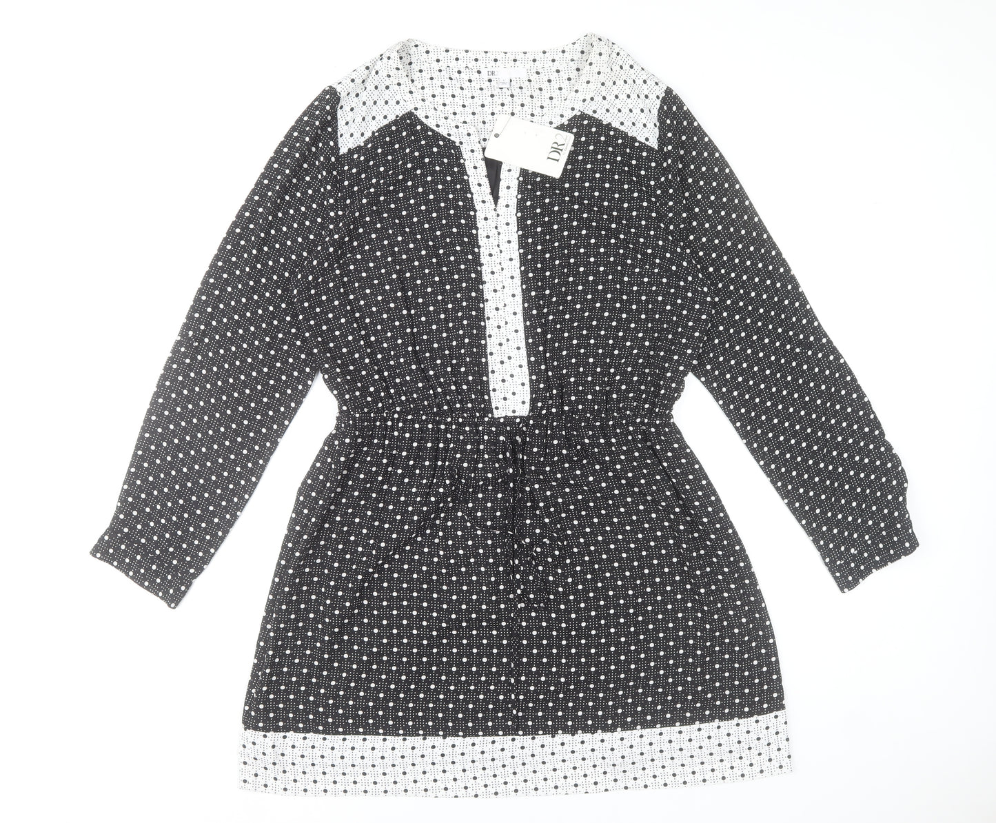 DR2 Women's Black Polka Dot Shift Dress Size L Long Sleeve