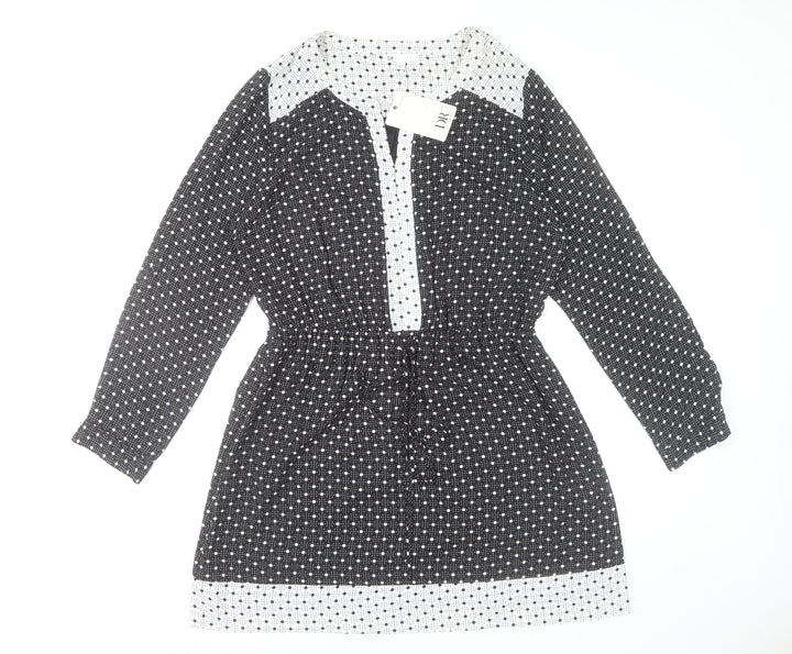 DR2 Women's Black Polka Dot Shift Dress Size L Long Sleeve