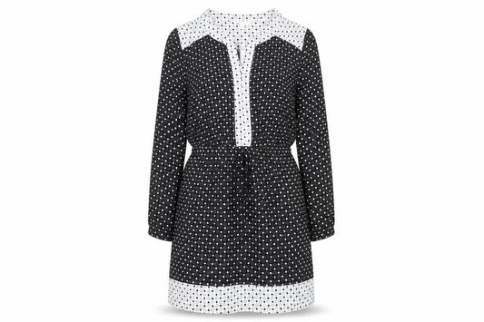Front view of DR2 Women's Black Polka Dot Shift Dress, size L, Long Sleeve