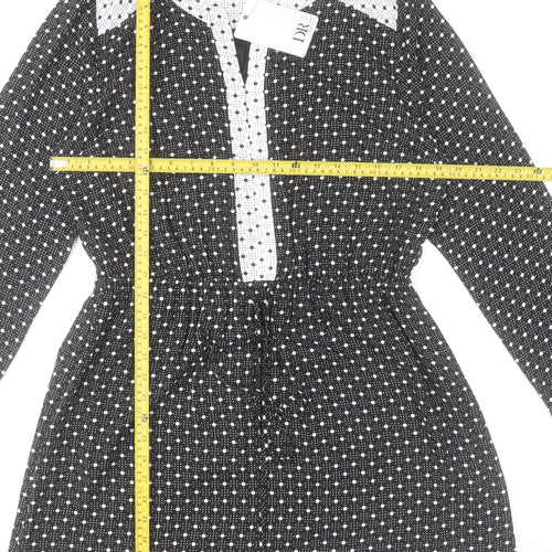DR2 Women's Black Polka Dot Shift Dress Size L Long Sleeve