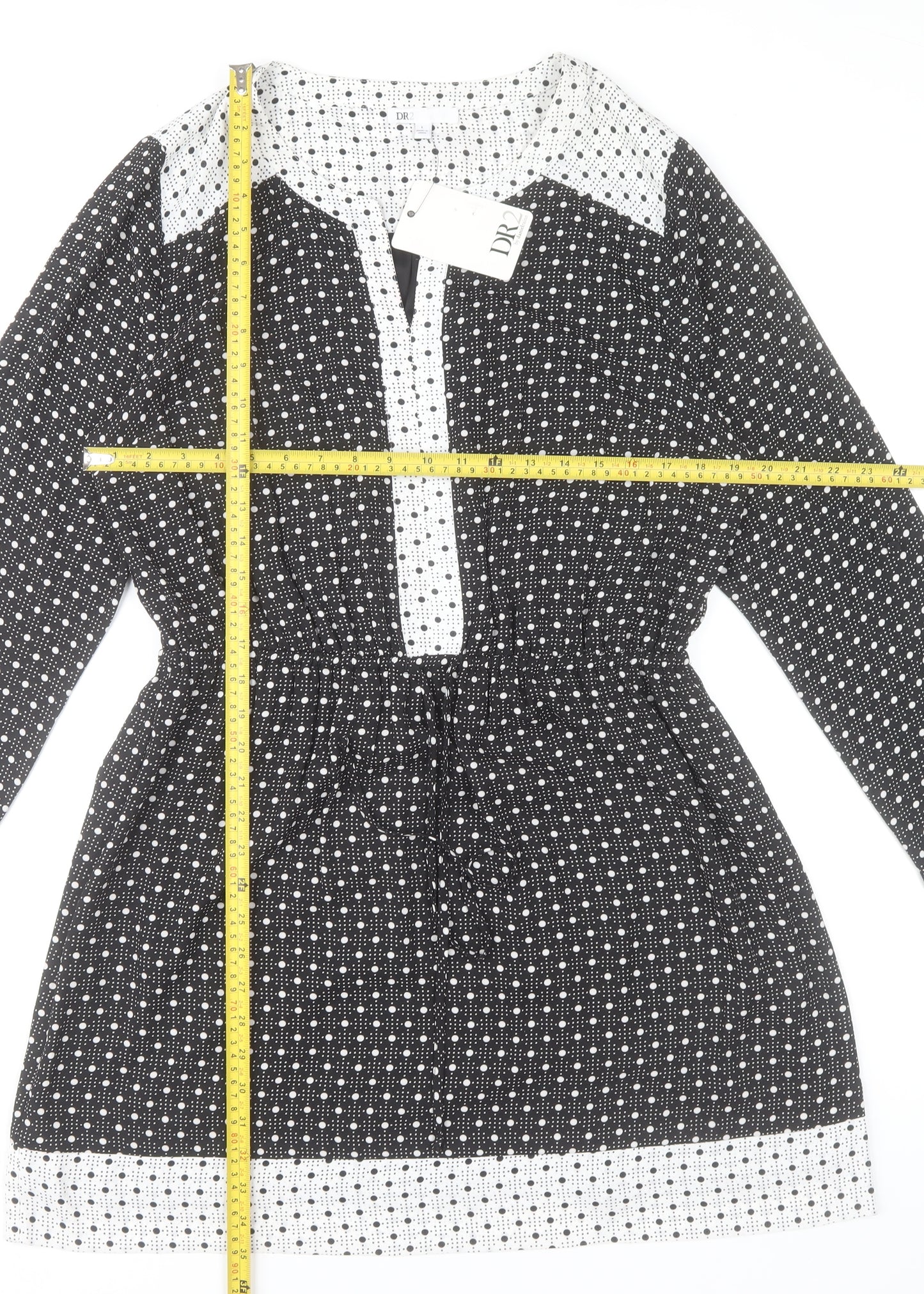 DR2 Women's Black Polka Dot Shift Dress Size L Long Sleeve