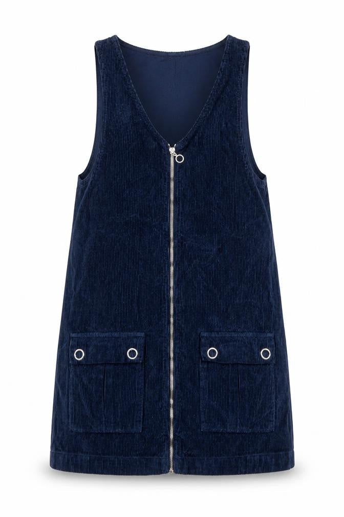 Topshop Moto Women's Blue Corduroy Zip Pinafore Dress Size 8