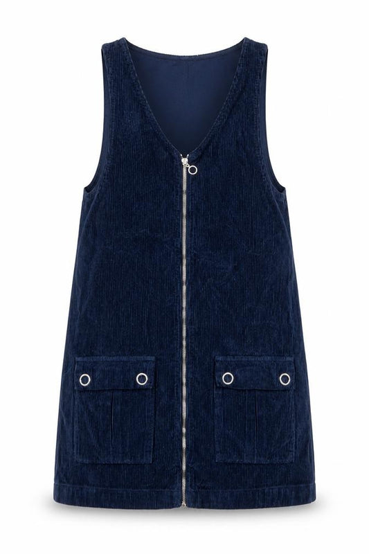 Front view of Topshop Moto Women's Blue Corduroy Zip Pinafore Dress, size 8