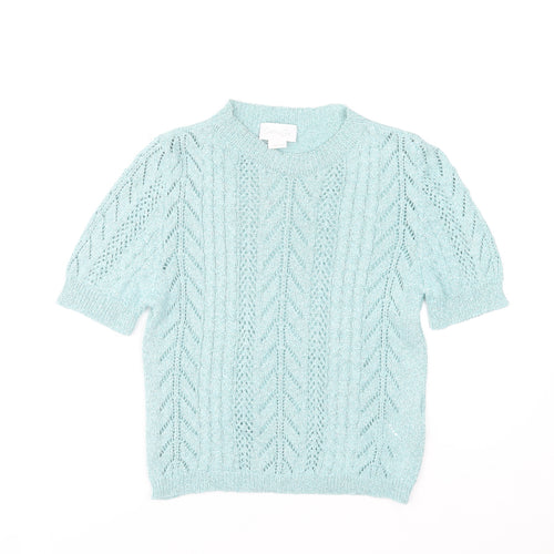 Cotton Club Womens Blue Short Sleeve Knit Jumper Small Lurex