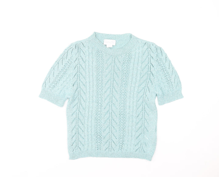 Cotton Club Womens Blue Short Sleeve Knit Jumper Small Lurex