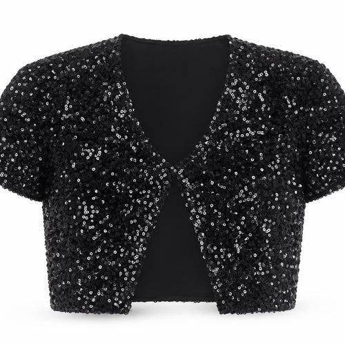Dunnes Women’s Black Sequin Cropped Blouse Short Sleeve V-Neck S