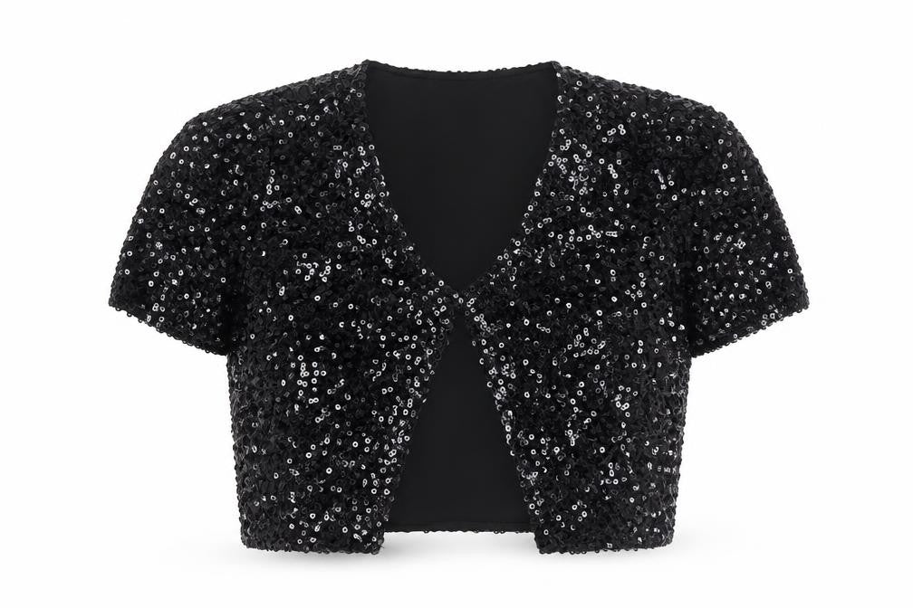 Dunnes Women’s Black Sequin Cropped Blouse Short Sleeve V-Neck S
