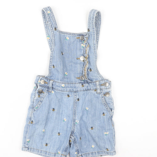Marks and Spencer Girls Blue Denim Bee Embroidered Dungaree Shorts 5-6 Years