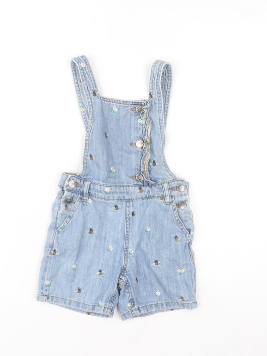 Marks and Spencer Girls Blue Denim Bee Embroidered Dungaree Shorts 5-6 Years