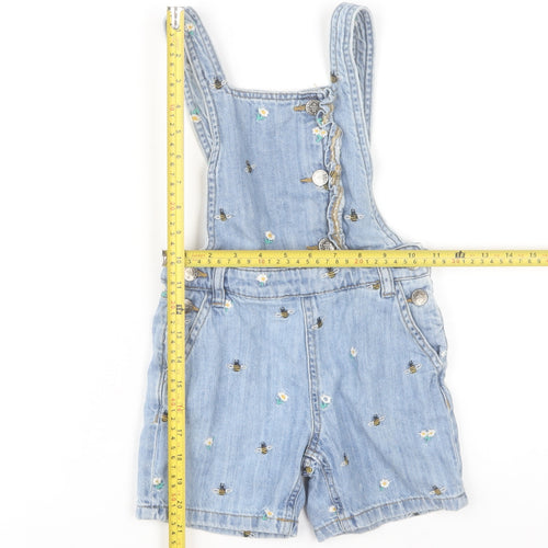 Marks and Spencer Girls Blue Denim Bee Embroidered Dungaree Shorts 5-6 Years