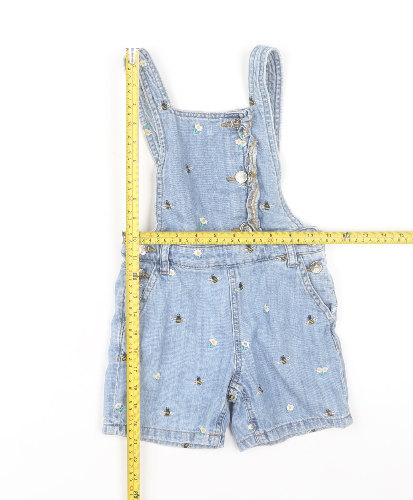 Marks and Spencer Girls Blue Denim Bee Embroidered Dungaree Shorts 5-6 Years