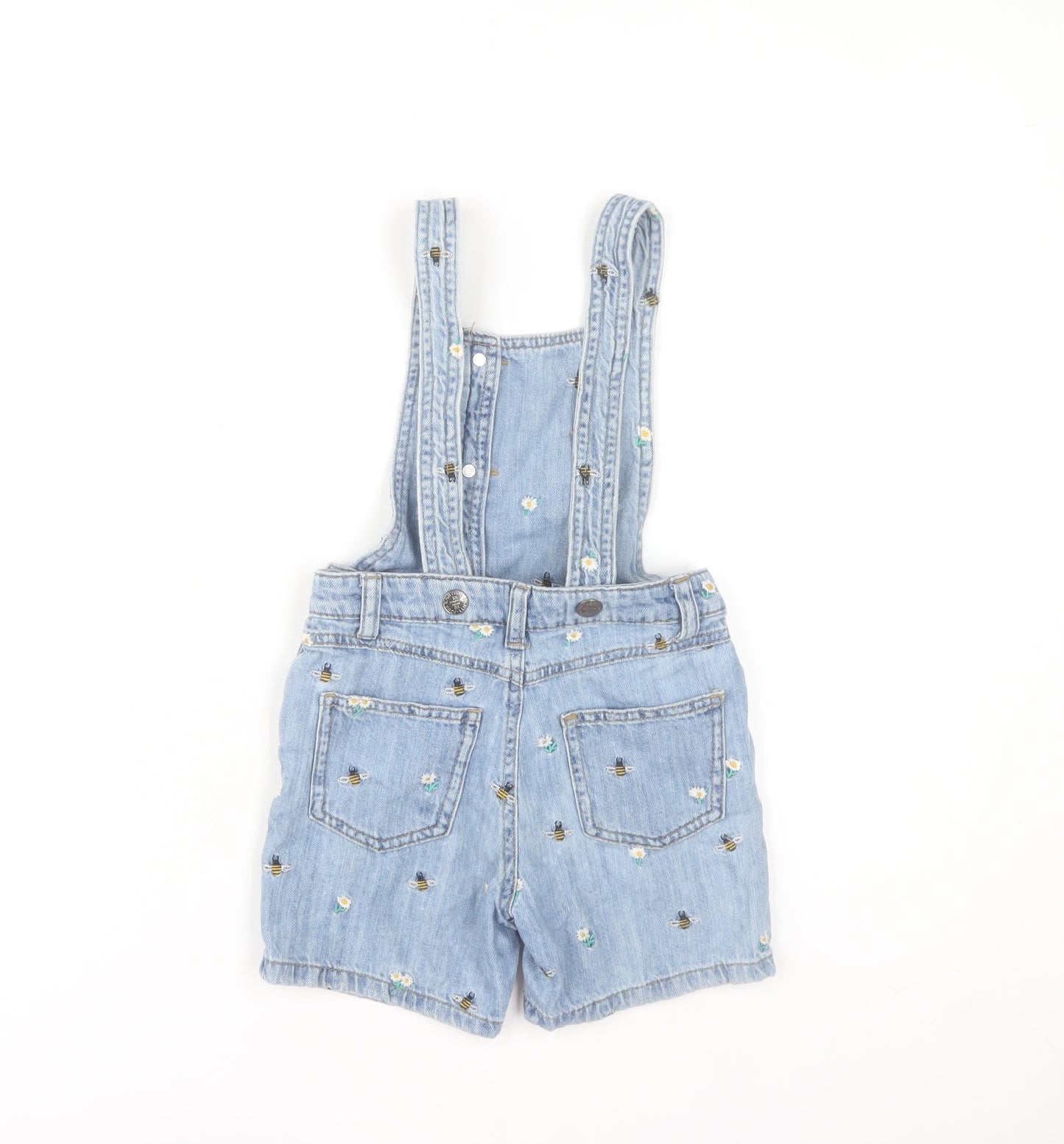 Marks and Spencer Girls Blue Denim Bee Embroidered Dungaree Shorts 5-6 Years