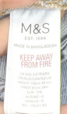Marks and Spencer Girls Blue Denim Bee Embroidered Dungaree Shorts 5-6 Years