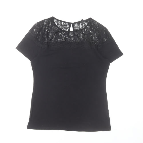 H&M Women's Black Lace Top Size 12 Short Sleeve Cotton Blend