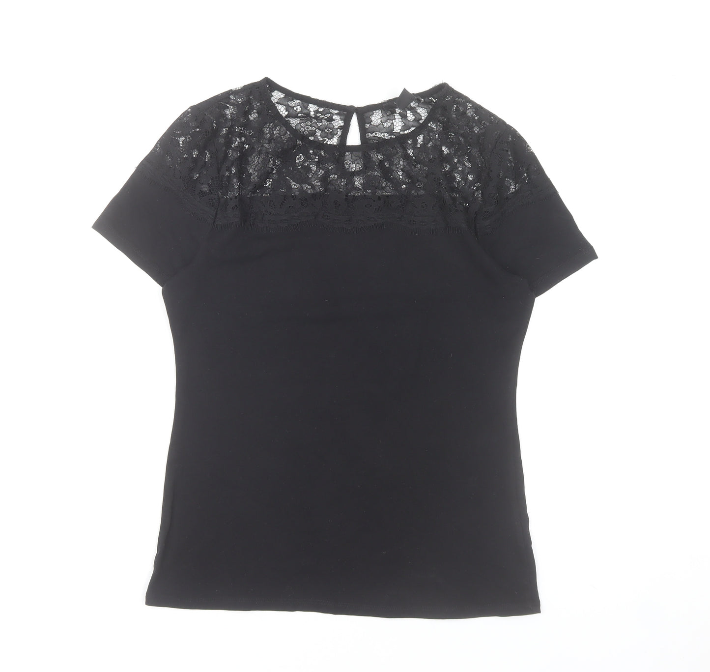H&M Women's Black Lace Top Size 12 Short Sleeve Cotton Blend
