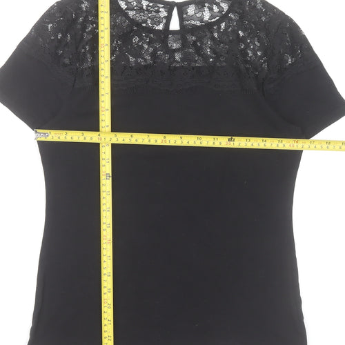 H&M Women's Black Lace Top Size 12 Short Sleeve Cotton Blend