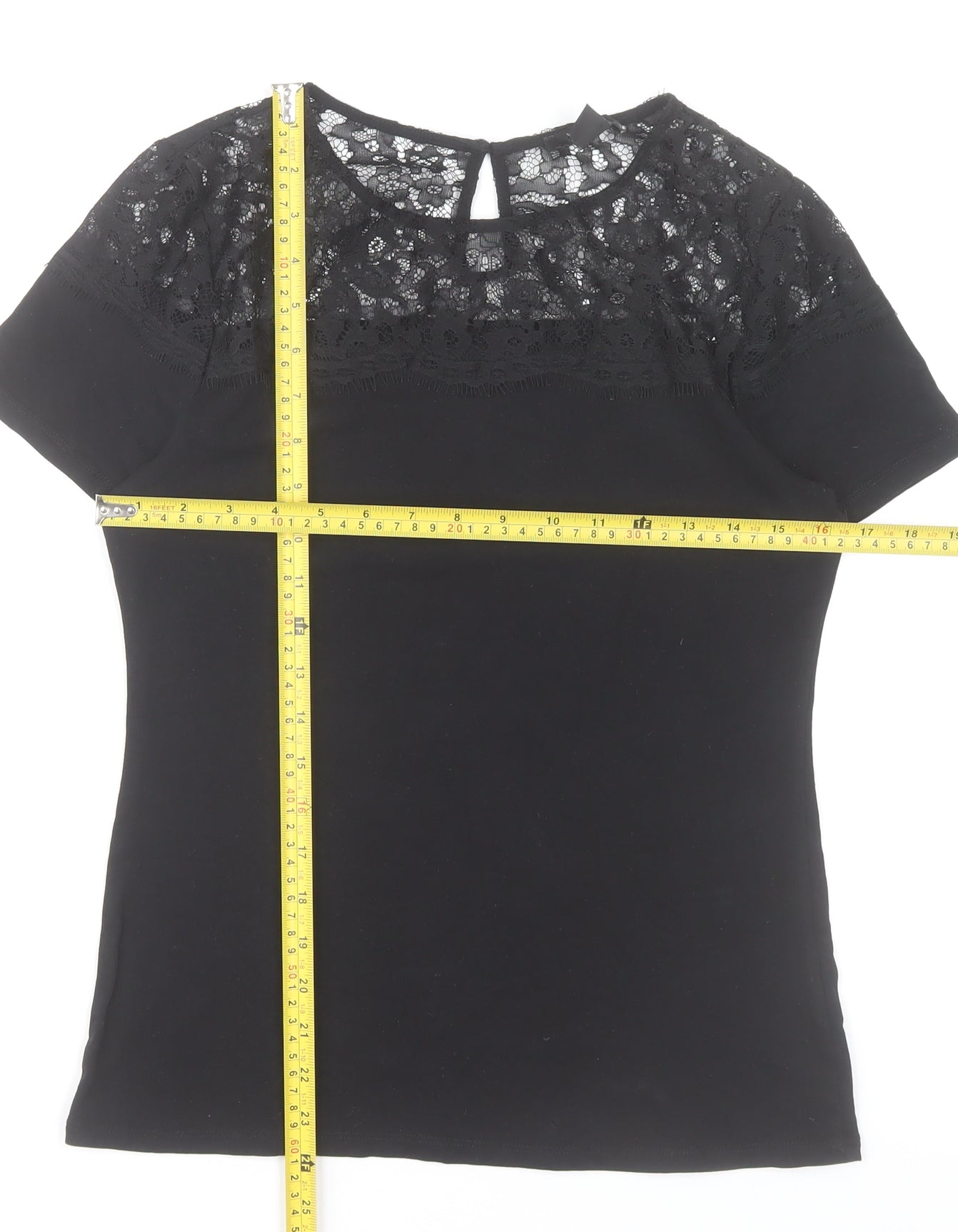 H&M Women's Black Lace Top Size 12 Short Sleeve Cotton Blend