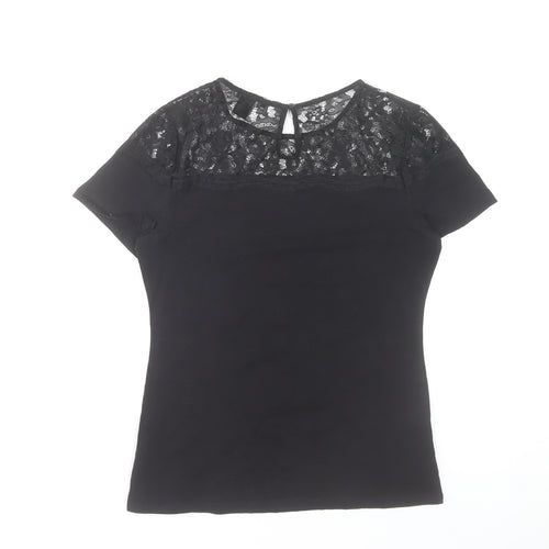 H&M Women's Black Lace Top Size 12 Short Sleeve Cotton Blend