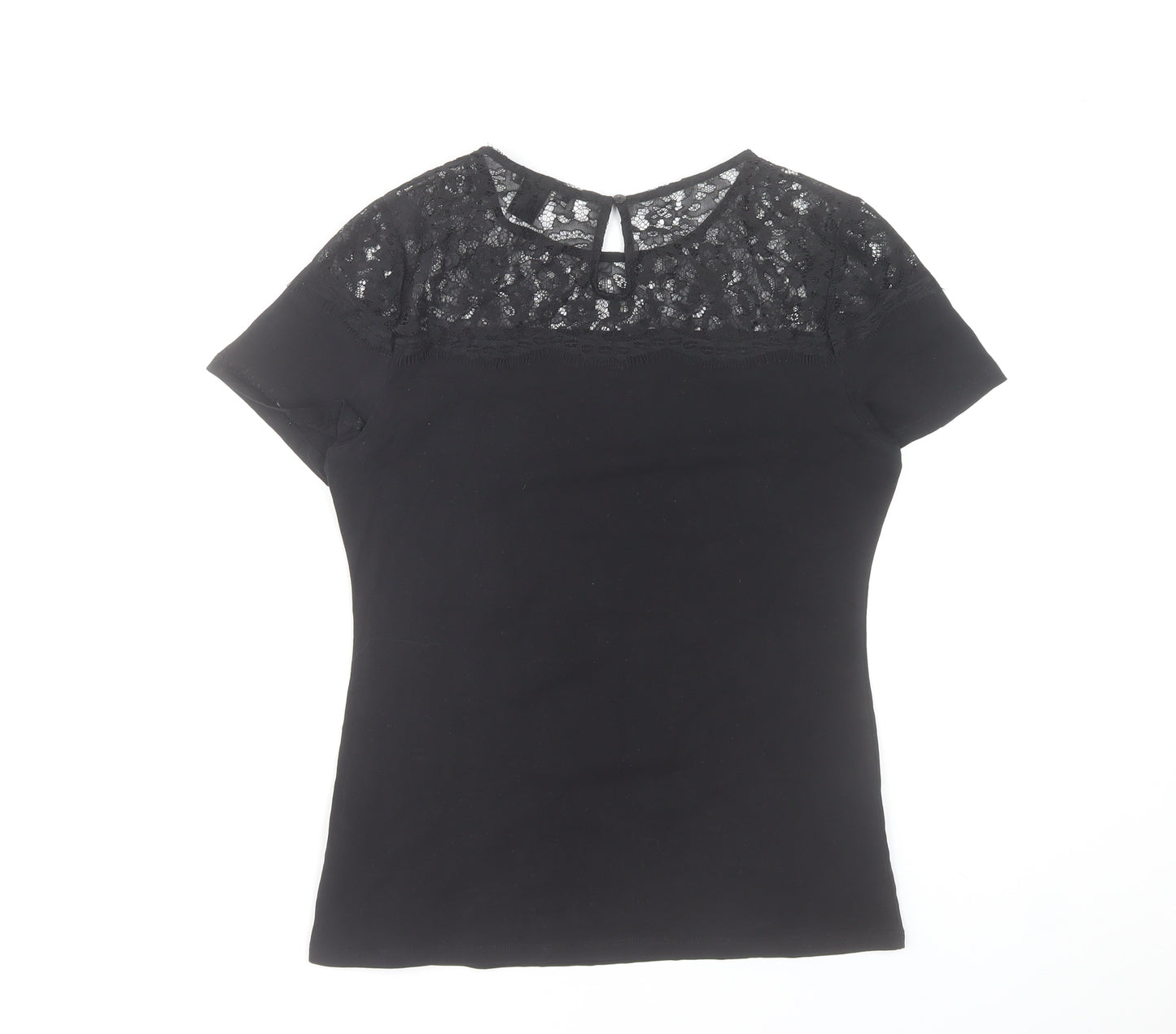 H&M Women's Black Lace Top Size 12 Short Sleeve Cotton Blend