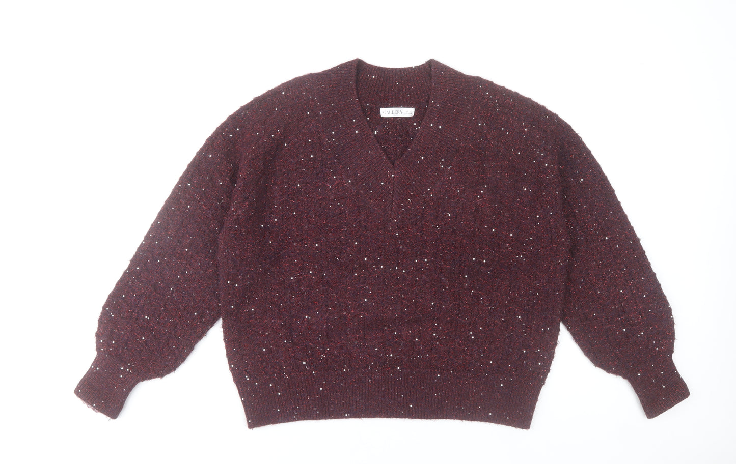 Gallery Womens Plum Sequin V-Neck Knit Jumper Size L
