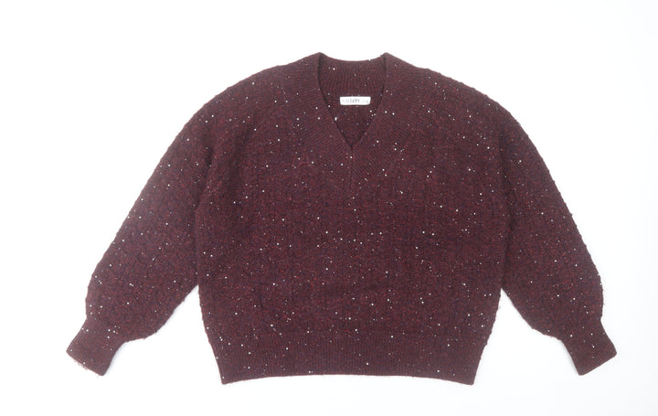 Gallery Womens Plum Sequin V-Neck Knit Jumper Size L