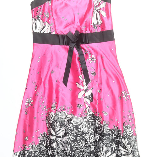 Libra Womens Pink Floral Satin A-Line Dress Size 12 Sleeveless