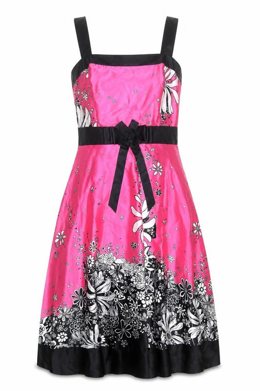 Front view of Libra women’s pink floral satin a-line dress, size UK 12, sleeveless