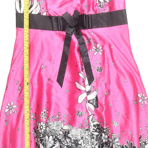 Libra Womens Pink Floral Satin A-Line Dress Size 12 Sleeveless