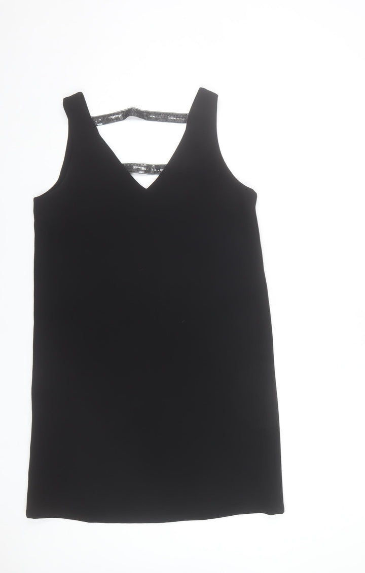 Mango Women Black Sequin Strap Shift Dress Size 8 Sleeveless V-Neck