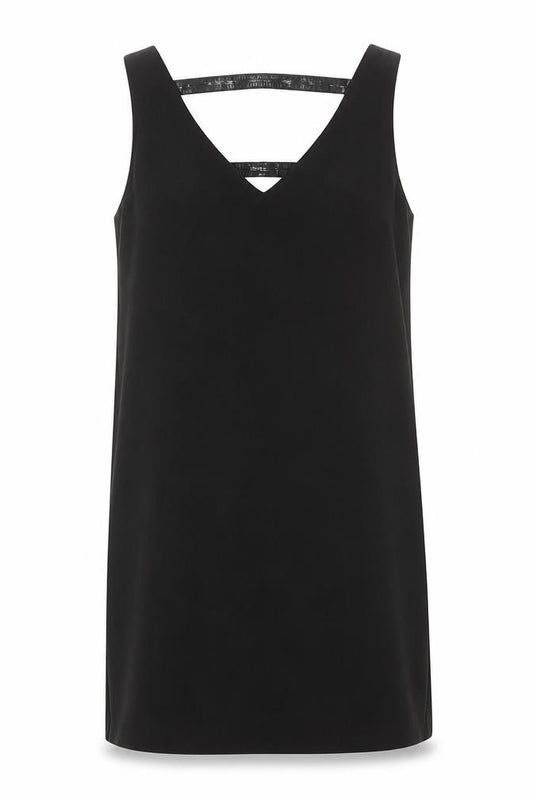 Front view of Mango Women Black Sequin Strap Shift Dress, size 8, Sleeveless V-Neck