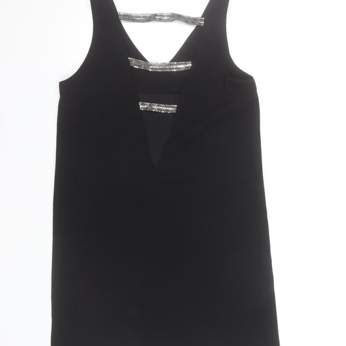 Mango Women Black Sequin Strap Shift Dress Size 8 Sleeveless V-Neck
