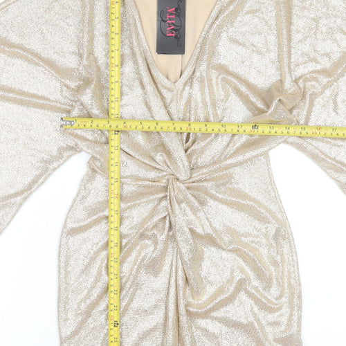 Evita Women's Gold Metallic V-Neck Ruched Bodycon Short Dress Size 8