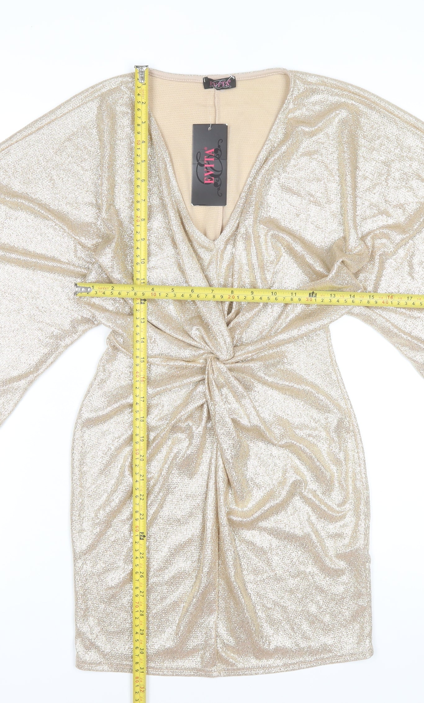 Evita Women's Gold Metallic V-Neck Ruched Bodycon Short Dress Size 8