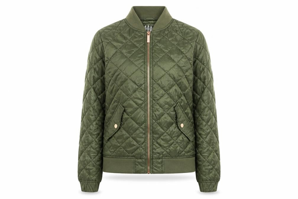 Front view of ELLE Women's Green Quilted Bomber Jacket XS