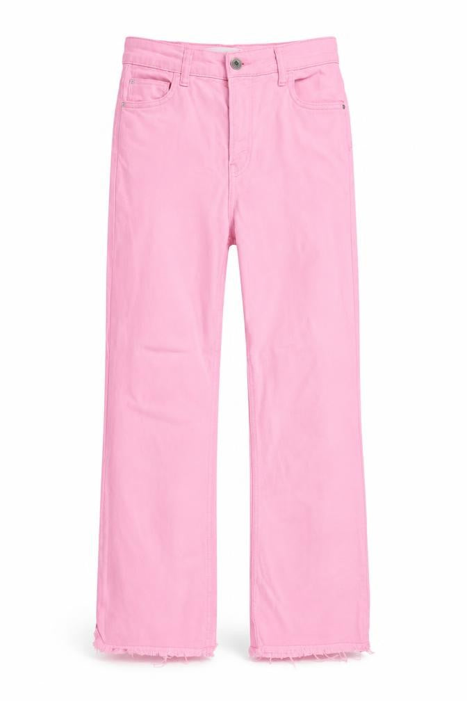 Front view of Stradivarius Women's Pink Denim Straight Jeans, size 8, Regular Fit