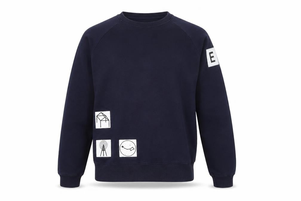 Front view of Earth Positive Men's Blue Organic Cotton Graphic Sweatshirt, size S